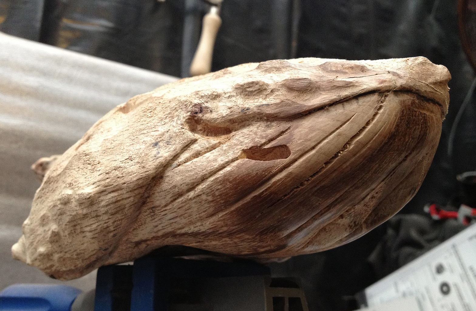 Wood carving of a whale made by Tim Jepson.